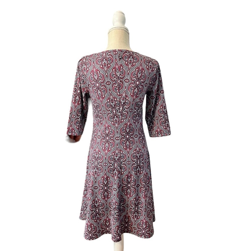 prAna Womens Veeda Red NADIA VNECK Faux Wrap DRESS 3/4 Sleeves Stretch Sz LG - Picture 5 of 12
